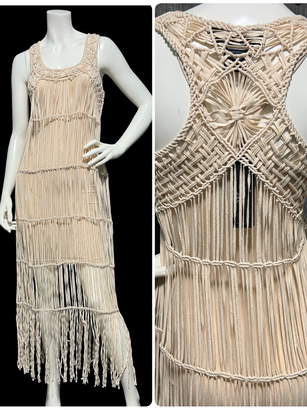 Kardashian Kollection Cotton Macrame Fringe Maxi Dress Cream XS NWT